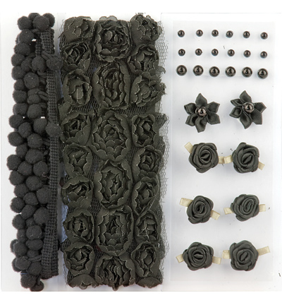 12214-1402 - Hobby Crafting Fun - Embellishment,pom poms & flowers set Black,assorted