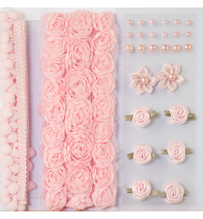 12214-1403 - Hobby Crafting Fun - Embellishment,pom poms & flowers set Pink,assorted