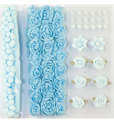 12214-1404 - Hobby Crafting Fun - Embellishment,pom poms & flowers set Blue,assorted
