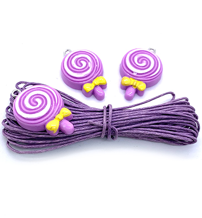 12415-1608 - Hobby Crafting Fun - Toy Charms: 3 purple swirl lollipops & cotton cord