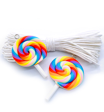 12415-1609 - Hobby Crafting Fun - Toy Charms: 2 rainbow swirl lollipops & cotton cord