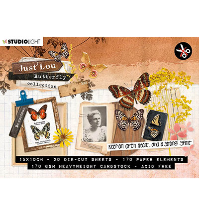 A6STANSBLOKJL04 - Just Lou - SL Clear JL Die Cut Block Paper Elements Butterfly Collection nr.04 Tekst NL Hoera Essentials nr.523