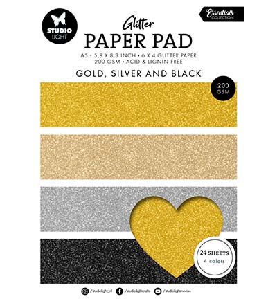SL-ES-PP209 - StudioLight - Glitter Paper Pad Gold, silver and black Essentials nr.209