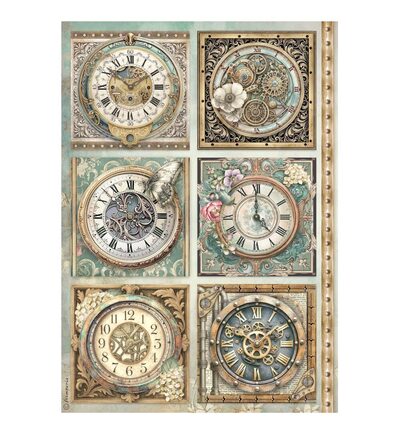 DFSA41111 - Stamperia - Stamperia Rice Paper A4 – Gardens of Time 6 Clocks