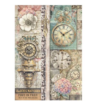 DFSA41112 - Stamperia - Stamperia Rice Paper A4 – Gardens of Time Clocks Time is Free