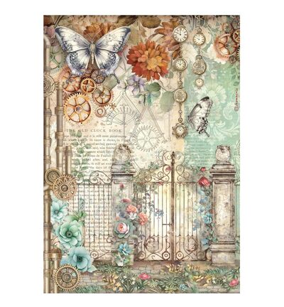 DFSA41115 - Stamperia - Stamperia Rice Paper A4 – Gardens of Time Gate and Butterfly